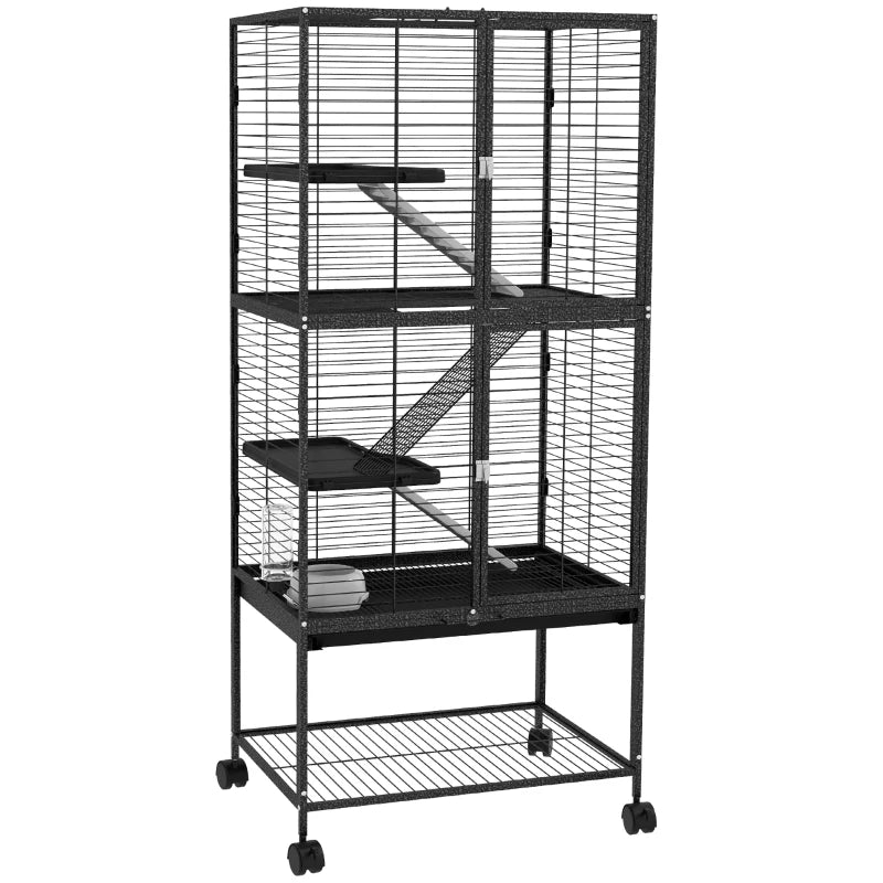 Rolling Small Animal Cage 53.5"H Chinchilla Cage for Ferrets, Squirrels w/ Removable Tray, Storage Shelf, Dark Grey