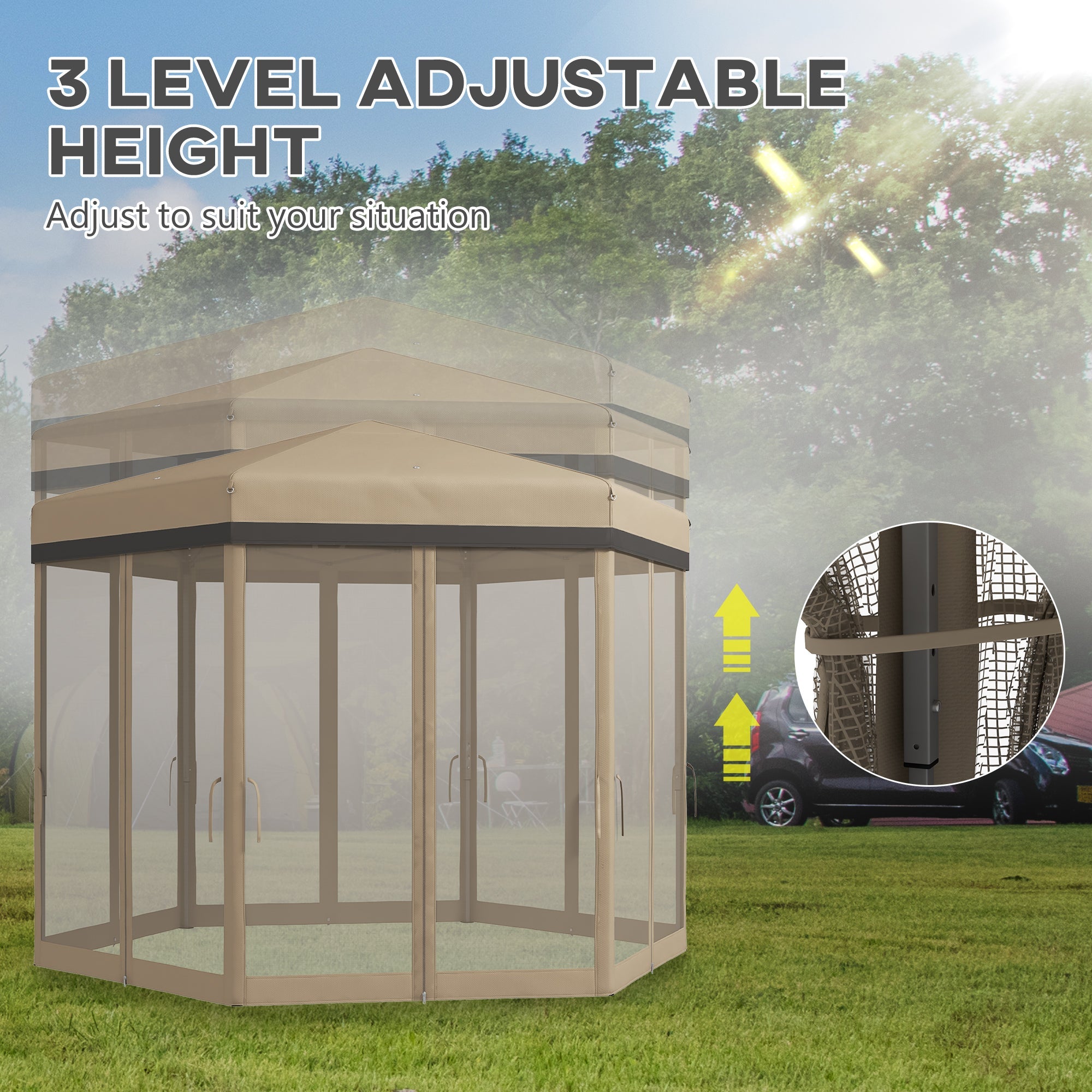 Outsunny 12'x12' Pop Up Canopy, Hexagon Gazebo with Netting, Carry Bag, Height Adjustable Instant Shelter, Khaki 