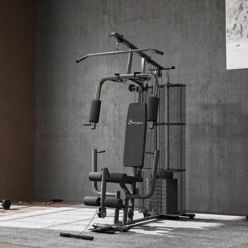 Soozier Home Gym, Multifunction Gym Equipment Workout Station with 100Lbs Weight Stack for Lat Pulldown, Leg Extensions, Preacher Bicep Curls, Triceps Pulldowns, Chest Press, Black
