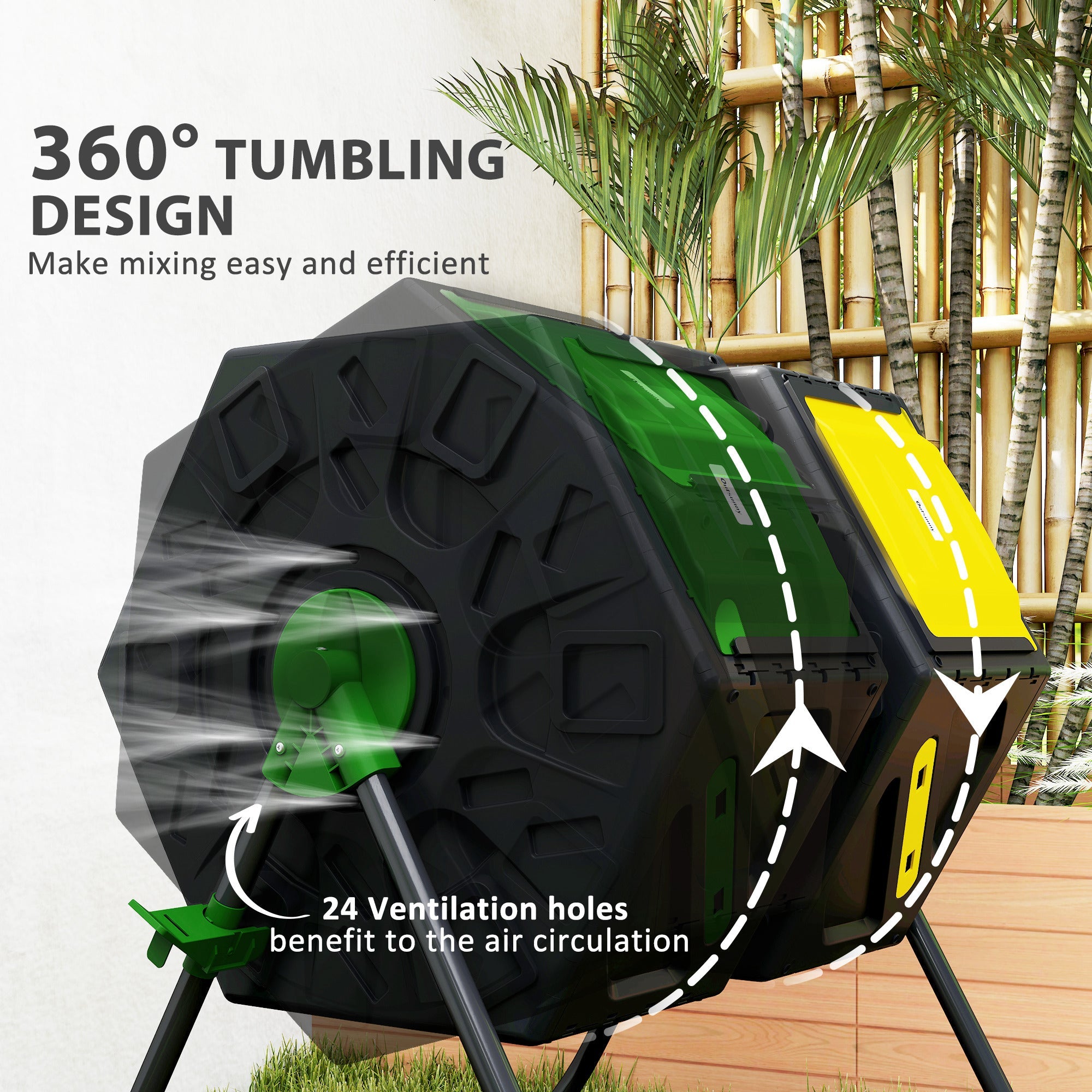 Outsunny Rotating Composter, Dual Chamber Compost Bin with 24 Vents and Steel Legs, 34.5 Gallon, Yellow and Green 