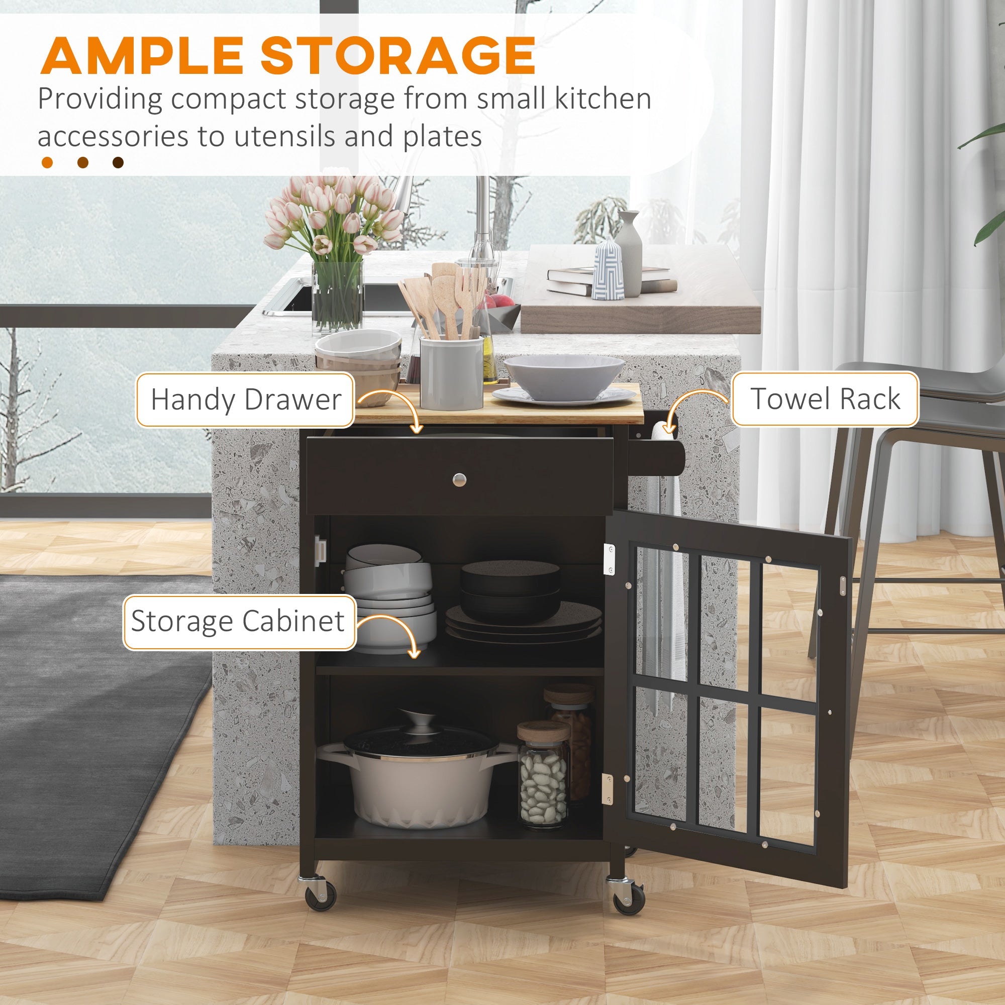 HOMCOM Kitchen Mobility: 26.4"x18.9"x34.1" Rolling Island with Drawer, Adjustable Shelf, Towel Rack, Black Finish 