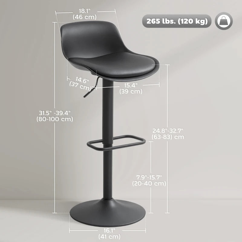 Counter Height Bar Stools Set of 2, Streamlined Bar Chairs with Adjustable Height and Swivel PU Leather Seat, Black