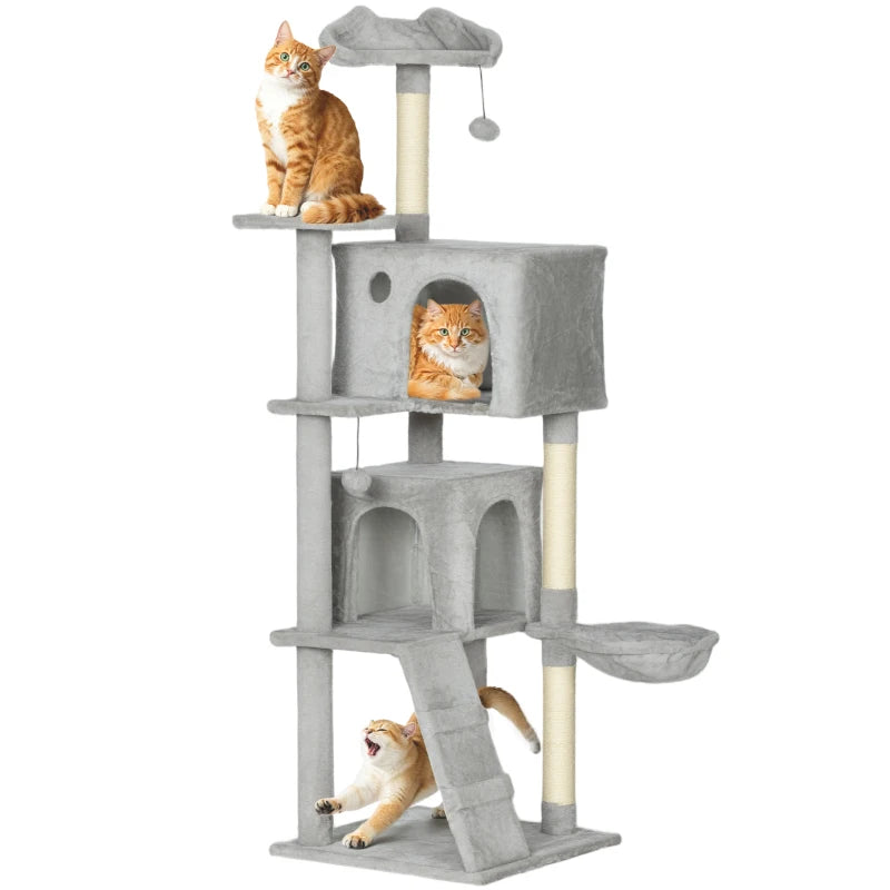 63 Inch Cat Tree with Sisal Scratching Posts, Condos, Plush Perches, Hammock, Ladder, Dangling Balls, Light Grey