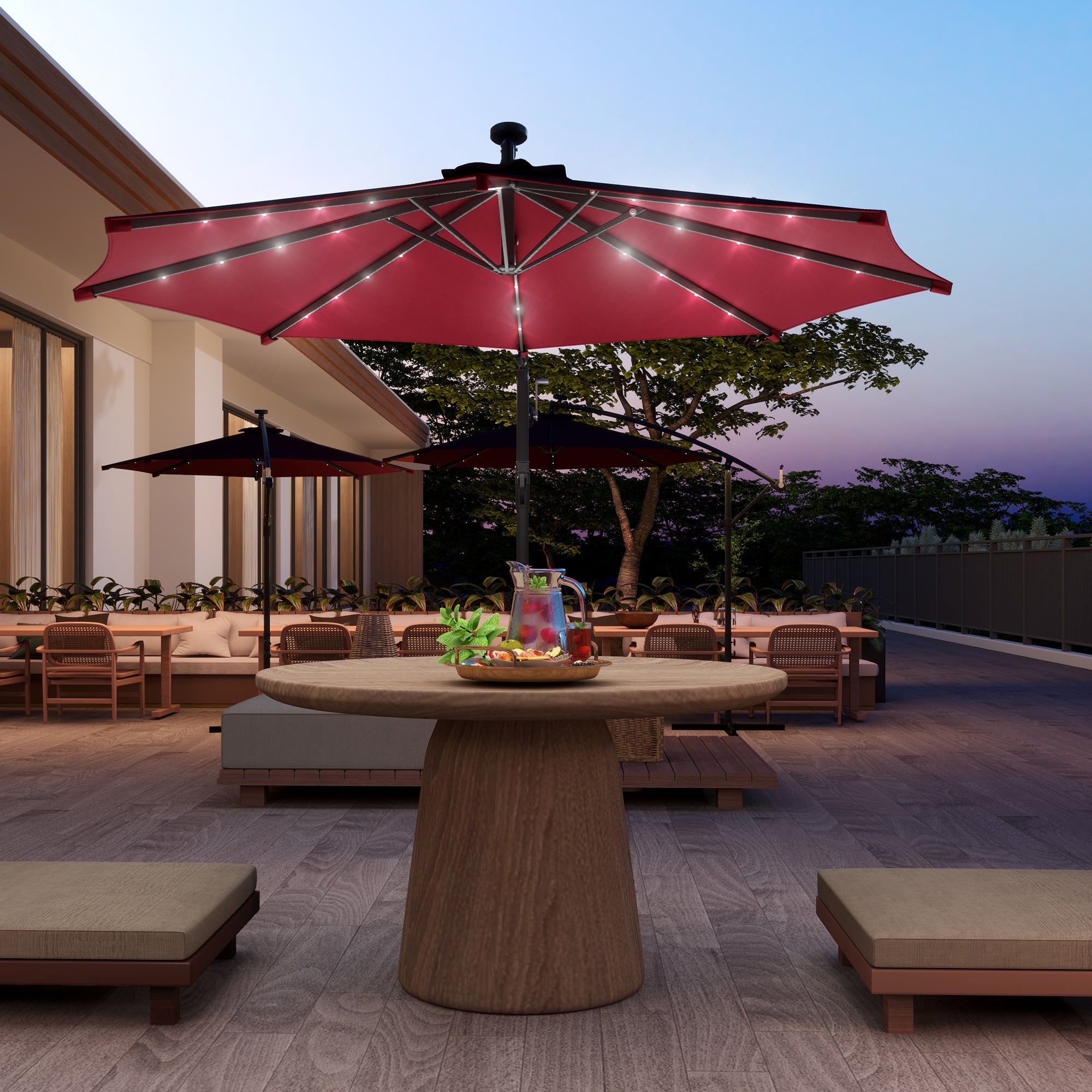 Outsunny 10ft Outdoor Cantilever Umbrella Banana Umbrella with Solar Lights and Adjustable Angle for Patio Backyard Wine Red 