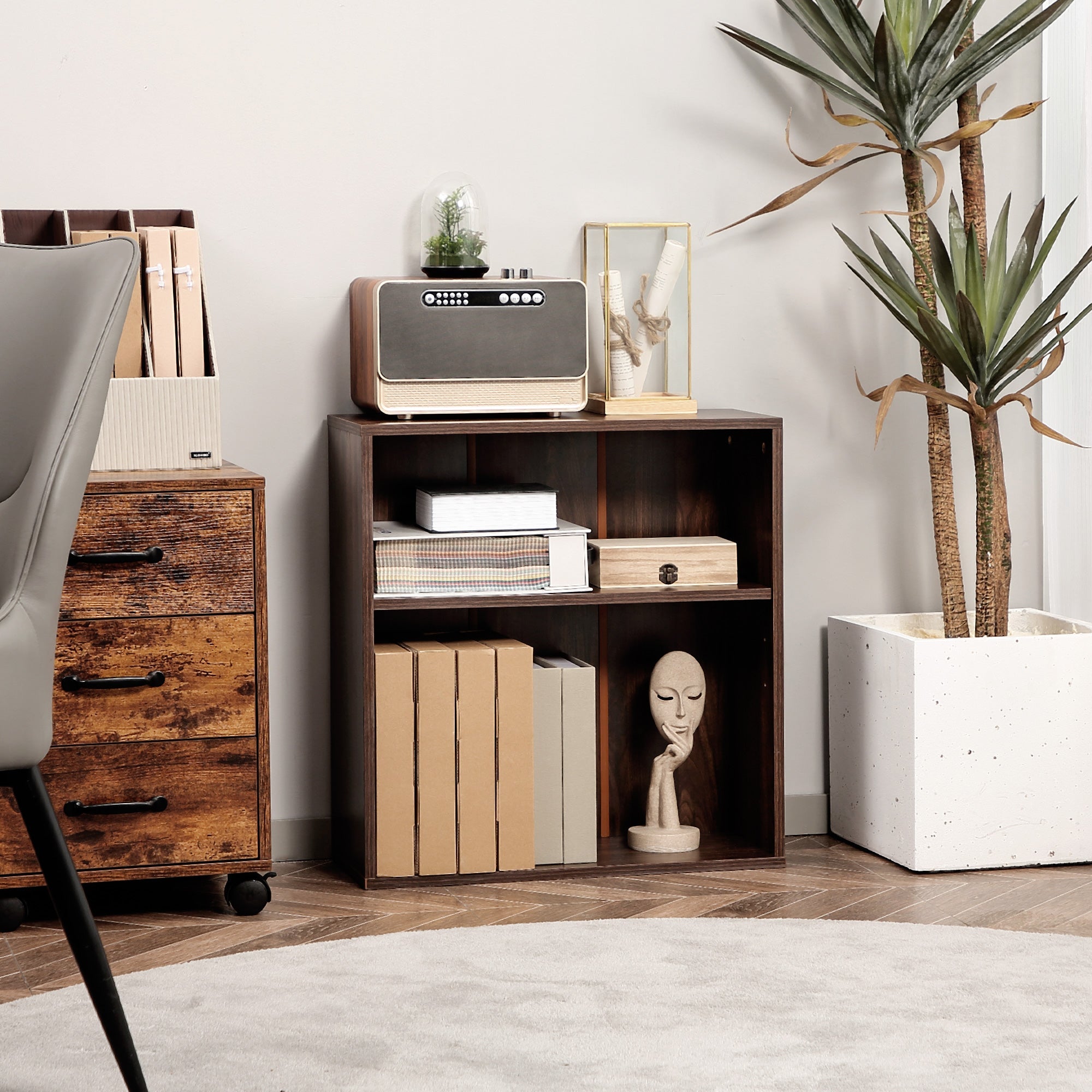 HOMCOM Minimalist Bookshelf Accent: 2-Tier Walnut Wood Display Shelf for Home Office, Simple & Stylish Design 