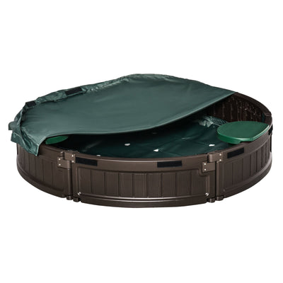Outsunny Round Sandbox for Kids Outdoor Play with Waterproof Canopy Bottom Liner Childrens Garden Playset Brown 