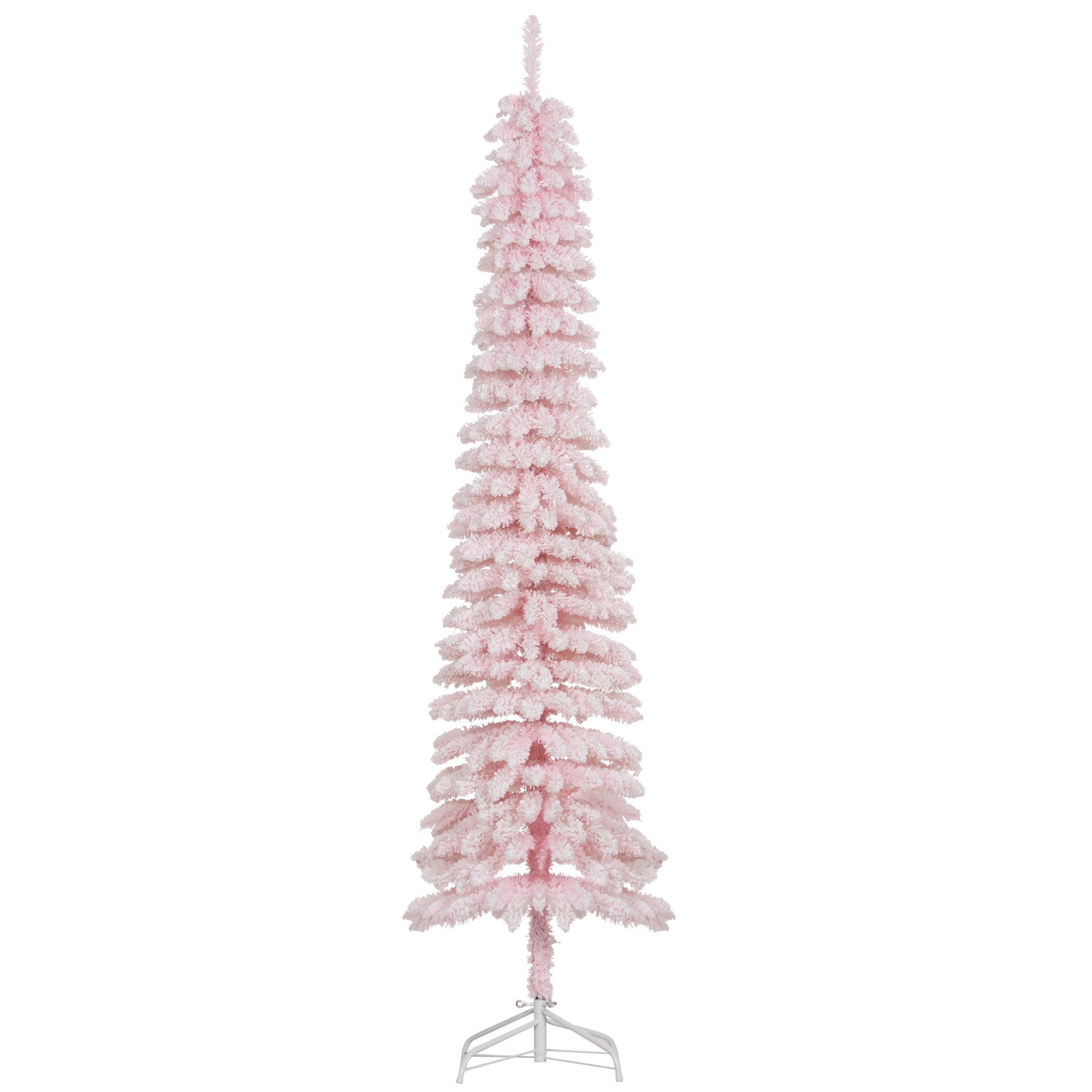 HOMCOM 7ft Snow-Flocked Artificial Christmas Tree, Slim Pencil Xmas Tree with 490 Realistic Branches, Metal Base, Pink 