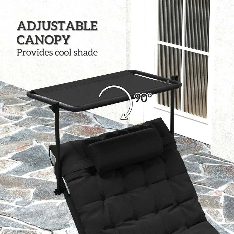 Folding Lounge Chair with Adjustable Canopy, 4-Position Outdoor Tanning Chair with Headrest, Black