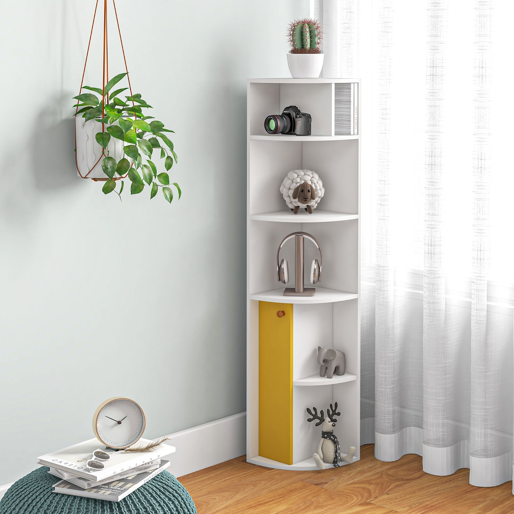 HOMCOM Corner Convenience: 5-Tier Bookshelf with Storage Cupboard Door Organizer for Home Office, White Finish 