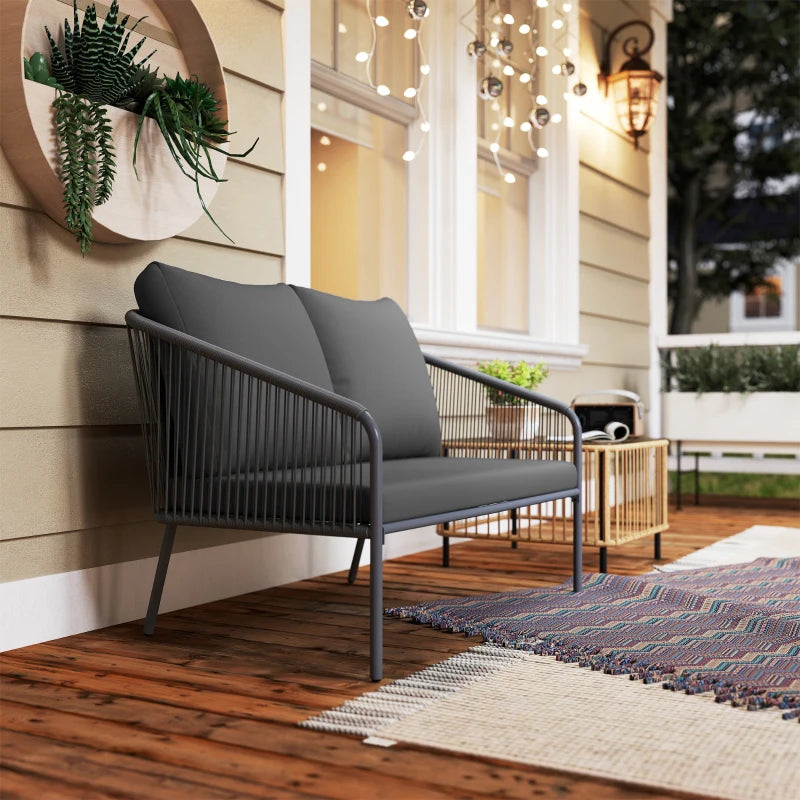 Garden Sofa with Cushions, 2-Seater Outdoor Balcony Rattan Sofa, 112 x 72 x 76 cm, Grey
