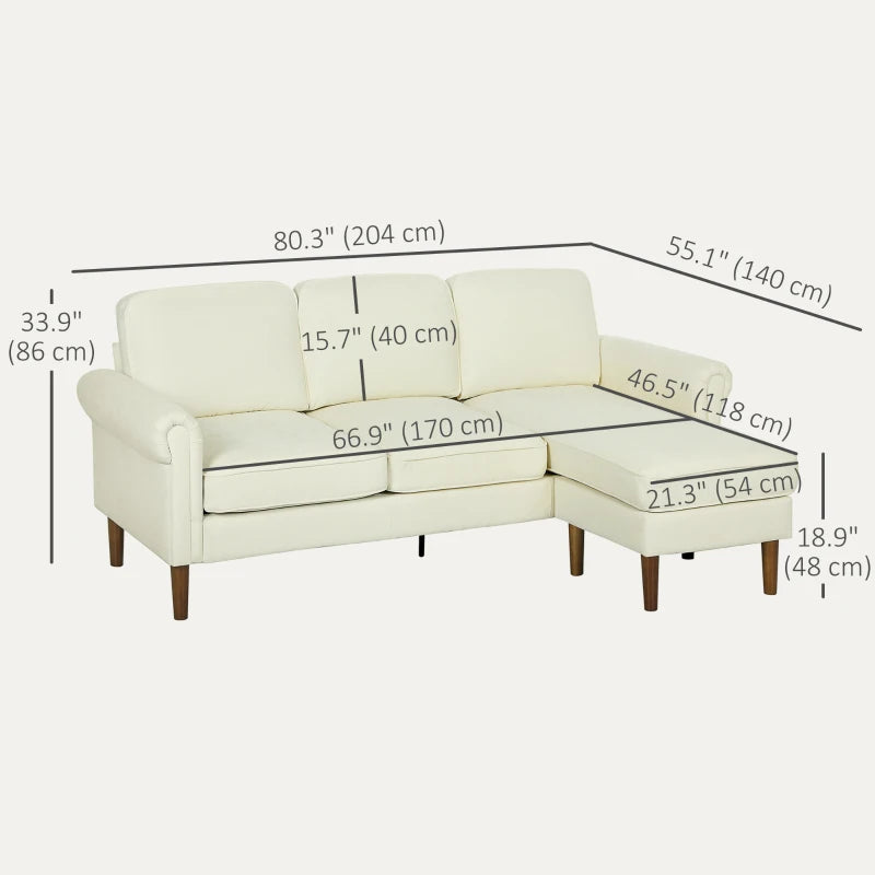 L Shape Sofa, Modern Sectional Couch with Changeable Chaise Lounge, Wooden Legs, Corner Sofa for Living Room, Cream