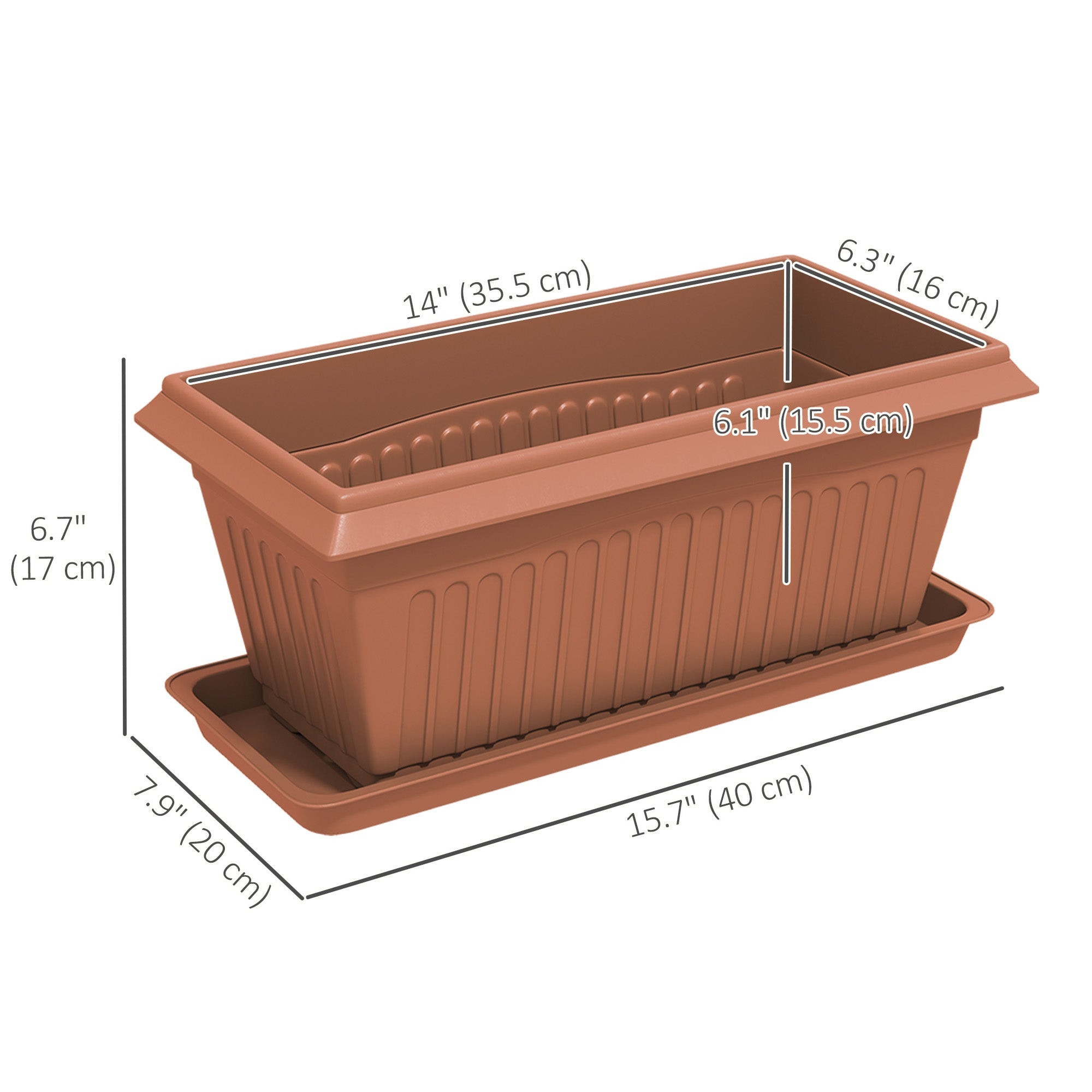 Outsunny 7 Pack 15.7" Plastic Flower Planters with Drainage Holes and Trays, Plant Pots for Indoor Outdoor Plants, Brown 