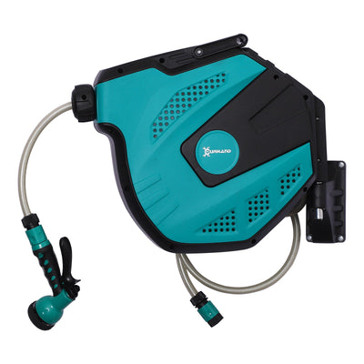 Outsunny Retractable Garden Hose Reel 5/8 inch x 49 ft Wall Mounted with Automatic Rewind, 180° Swivel Bracket, Any Length Lock 