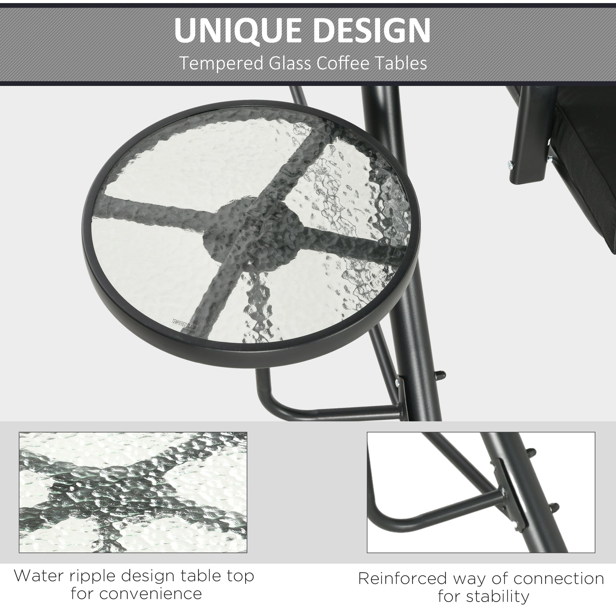 Outsunny 3 Seat Outdoor Swing Bench with Adjustable Canopy Coffee Table Cushions for Patio Garden Black 