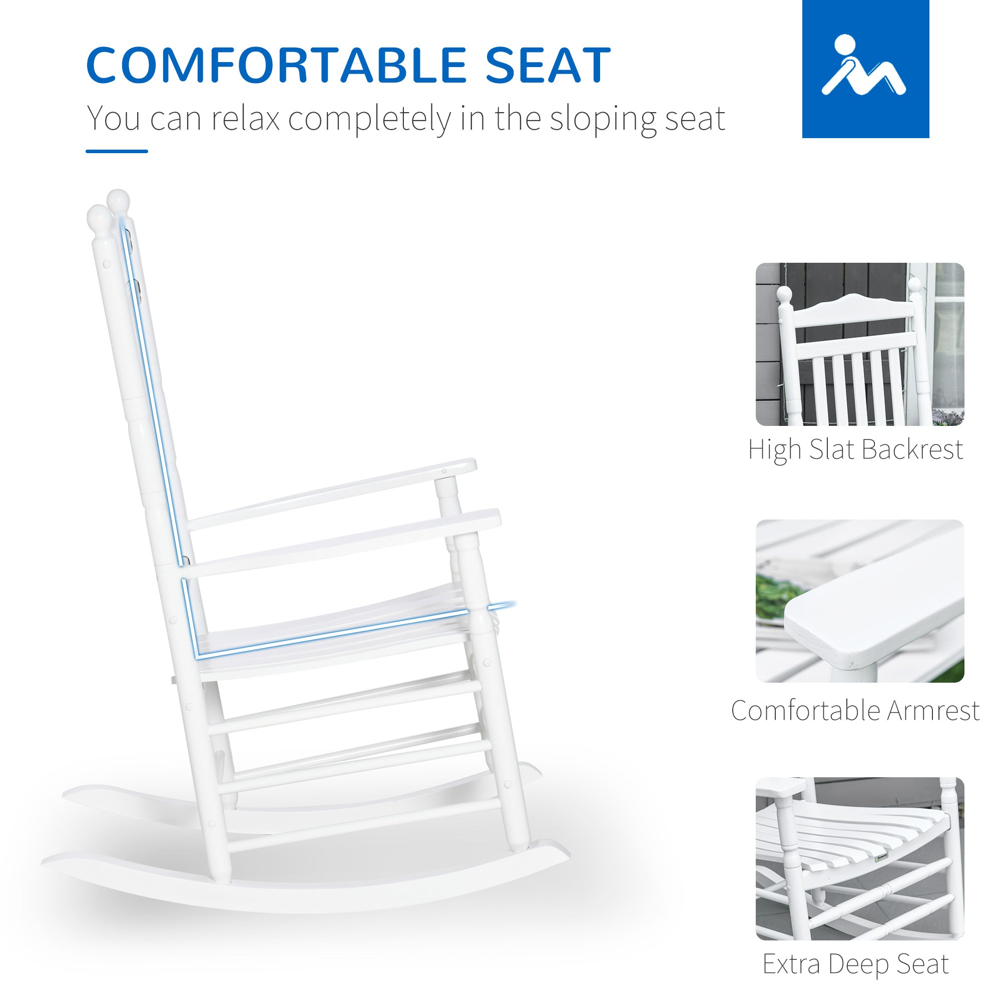 Outsunny Wooden Outdoor Rocking Chair, Patio Rocking Chair with Slatted High Back and Armrests for Porch, Garden, Lawn, White 