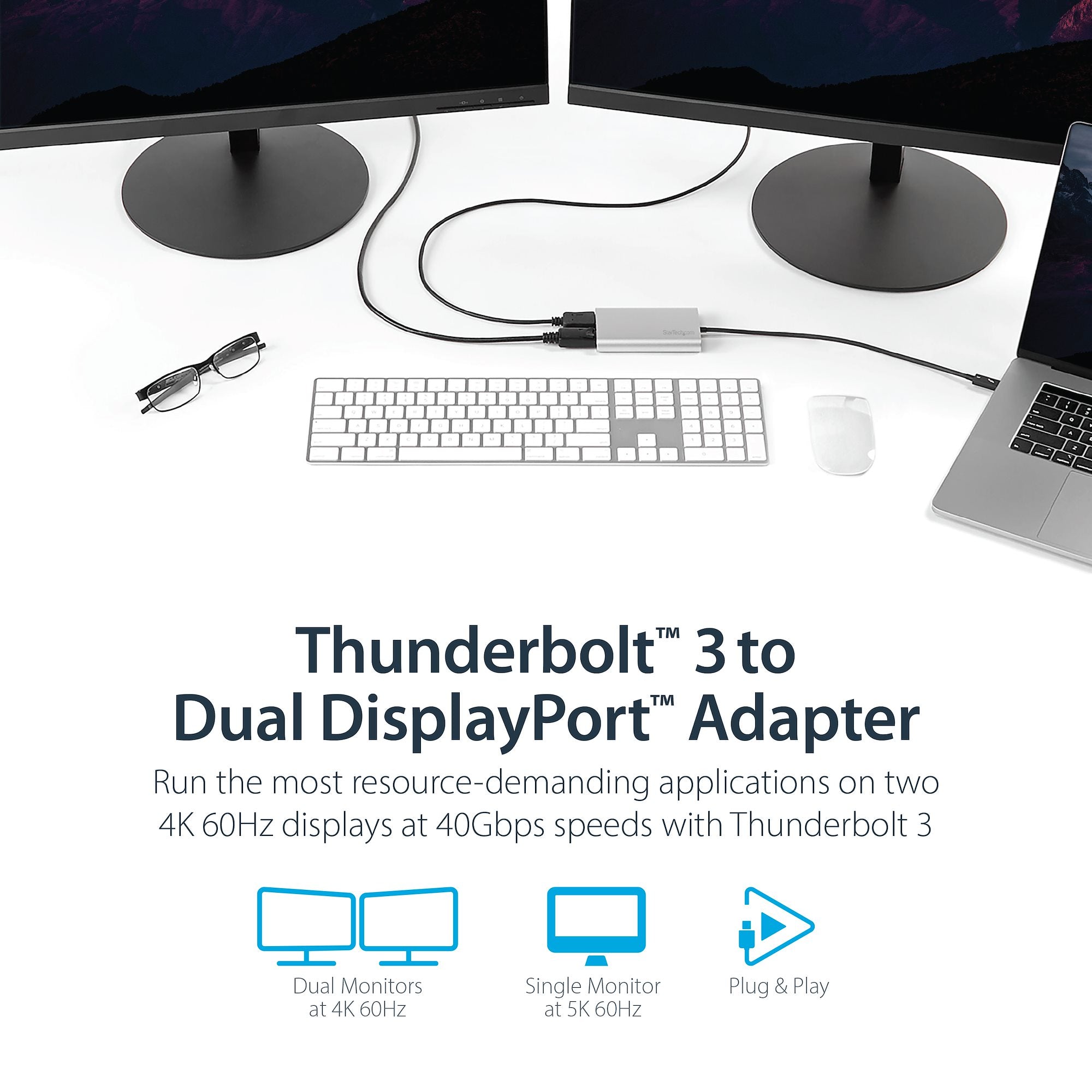 Thunderbolt to Dual DisplayPort Adapter, Dual 4K 60Hz Thunderbolt to DP Converter, 2x DisplayPort Monitor Video Display Adapter, Thunderbolt Certified - Mac & Windows 