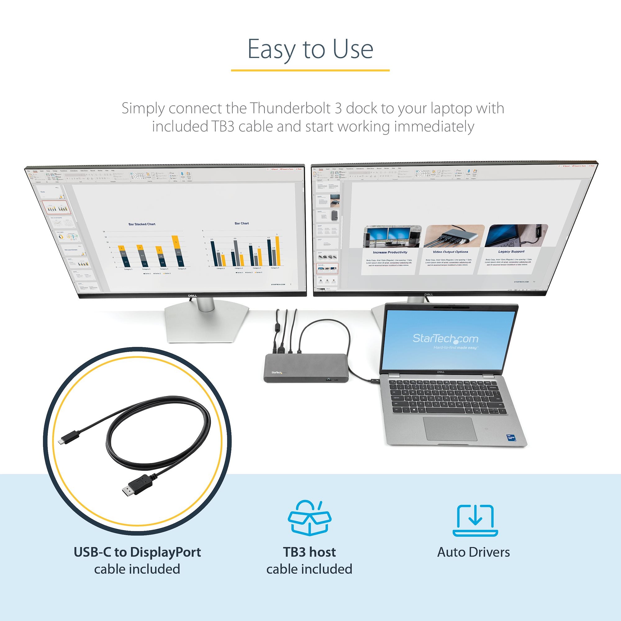 Thunderbolt 3 Dock, Dual Monitor 4K 60Hz TB3 Laptop Docking Station, DisplayPort, 85W PD, 3x USB, GbE 