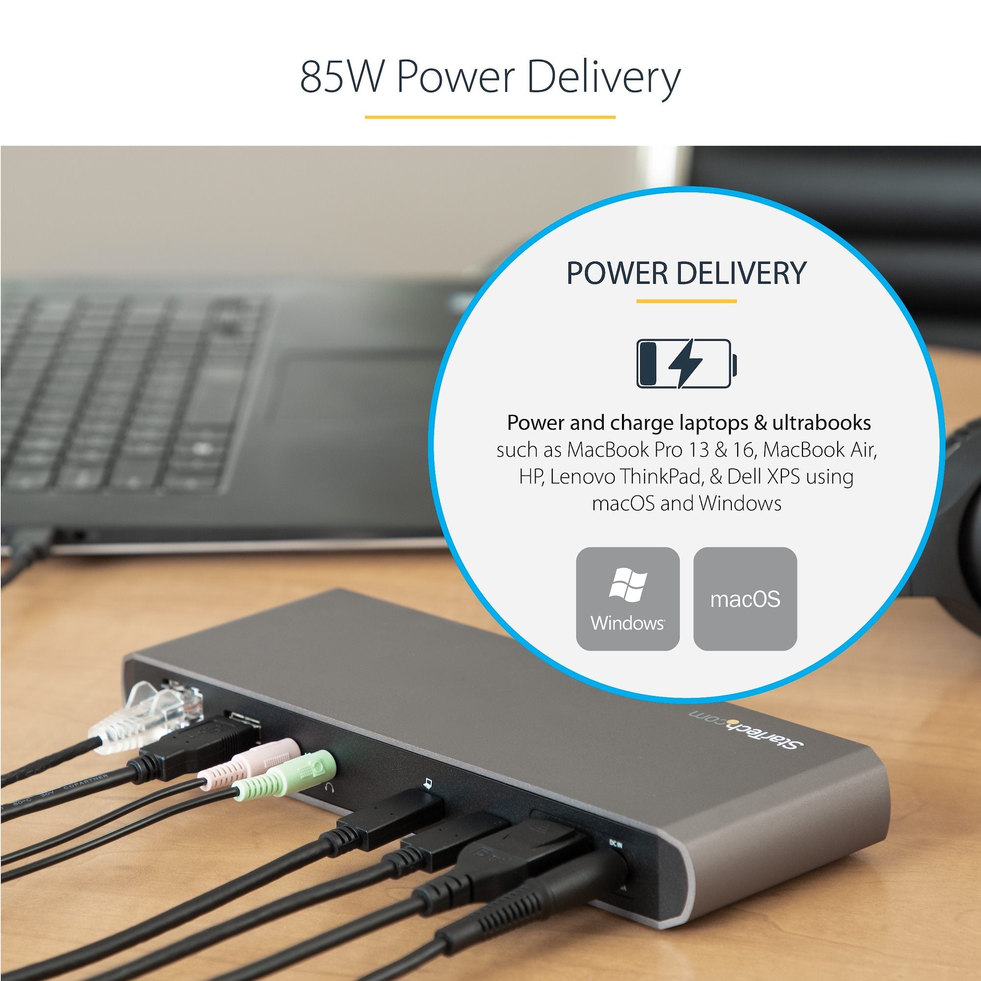 Thunderbolt 3 Dock, Dual Monitor 4K 60Hz TB3 Laptop Docking Station, DisplayPort, 85W PD, 3x USB, GbE 