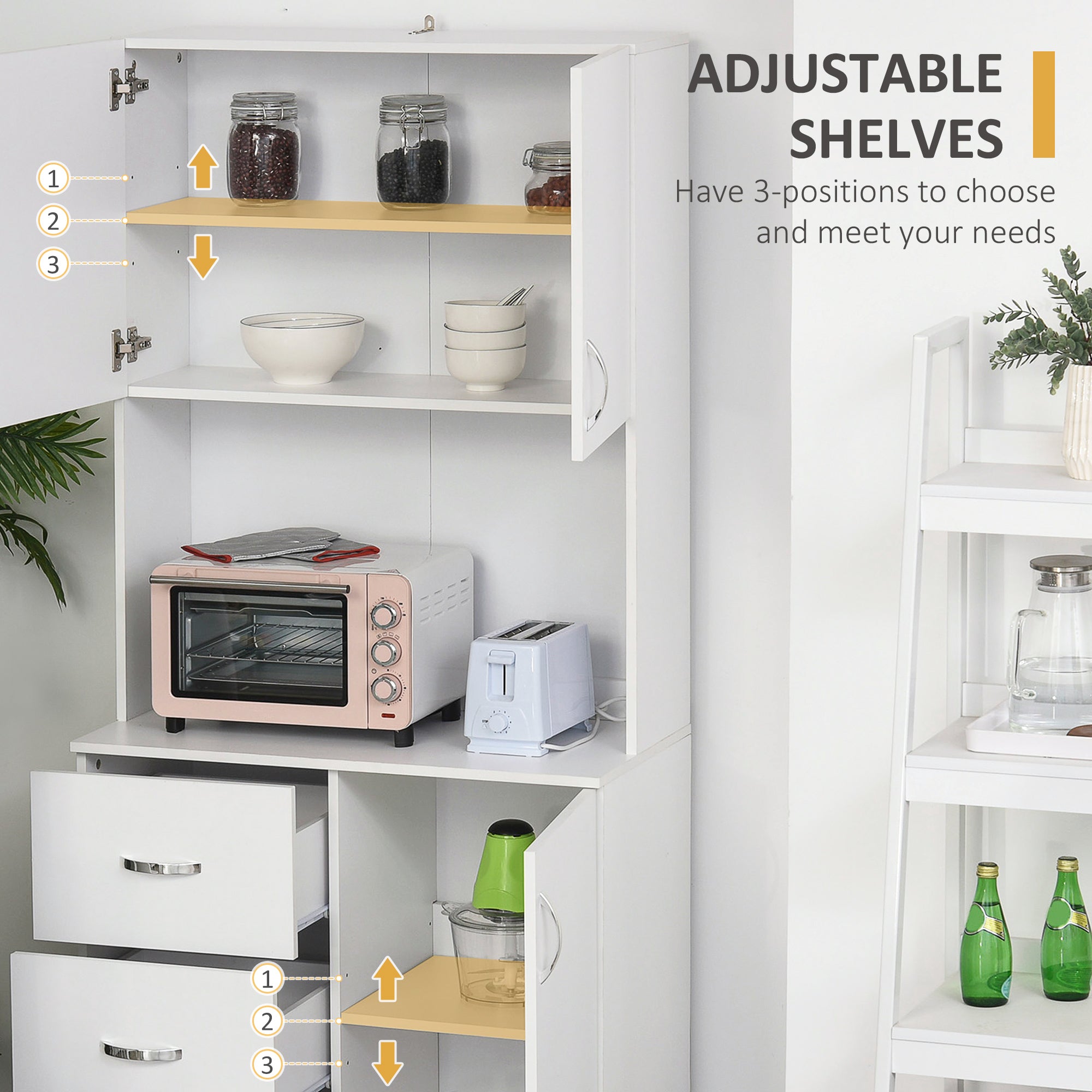 HOMCOM Freestanding Kitchen Hutch Buffet: Pantry Storage Organizer with 2 Door Cabinets, 3 Drawers and Open Countertop Shelf 