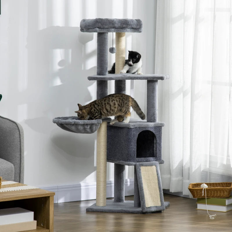 50 Inch Cat Tree, Multi-Level Cat Tower with Sisal Scratching Posts and Ramp, Bed, Condo, Hammock, Toy Ball, Grey