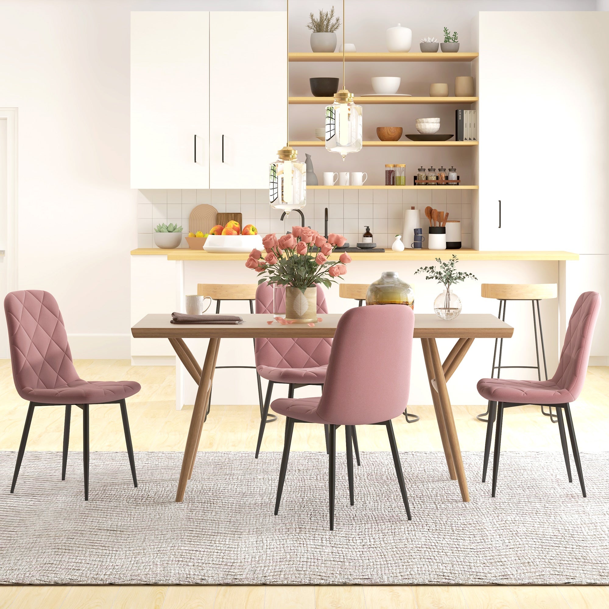 HOMCOM Dining Chairs Set of 4, Upholstered Dining Room Chairs with Steel Legs, Modern Kitchen Chair for Dining Room, Pink 