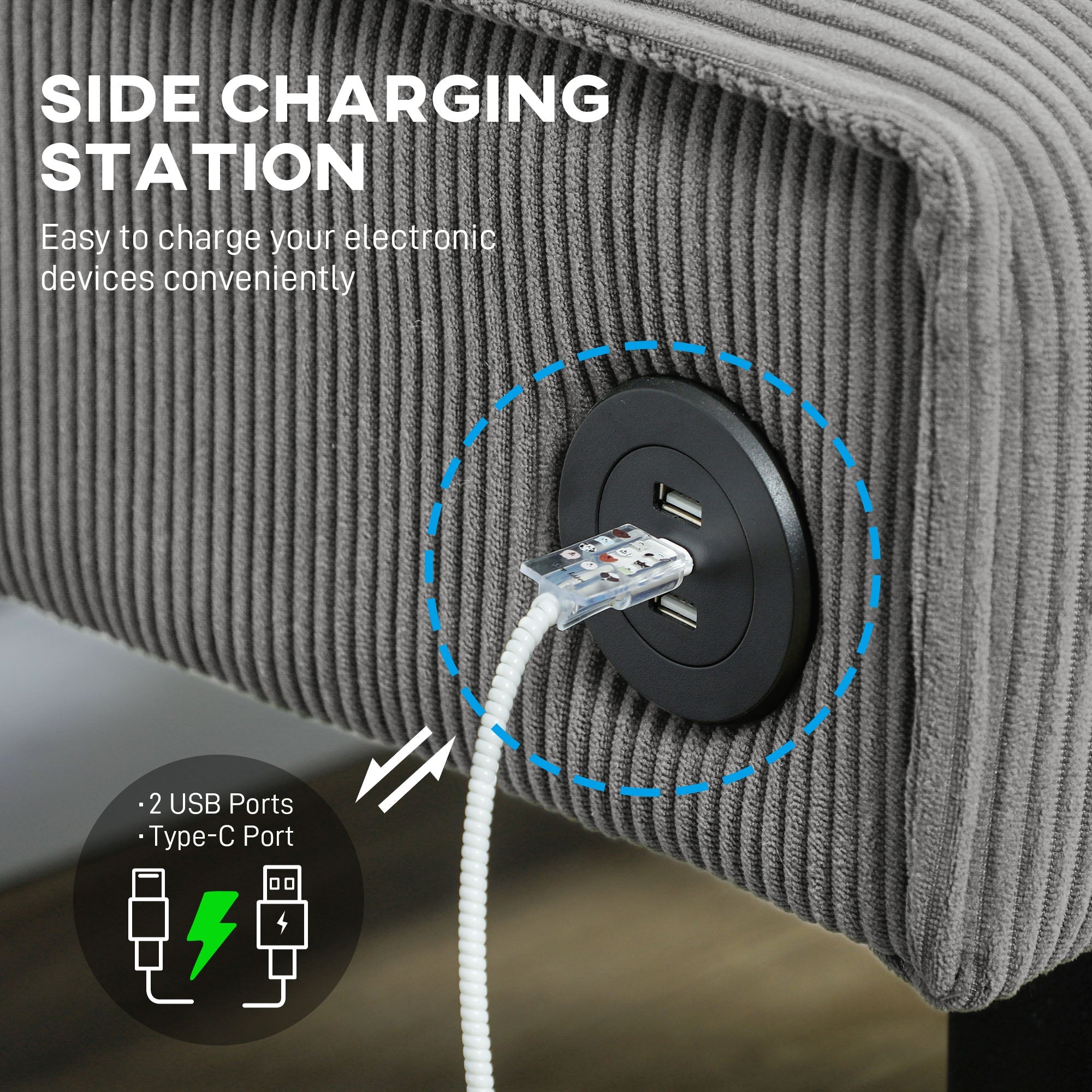 HOMCOM 46.5" Loveseat Couch with USB Ports, Corduroy Love Seat Sofa with Wood Legs for Living Room, Bedroom, Small Space, Grey 