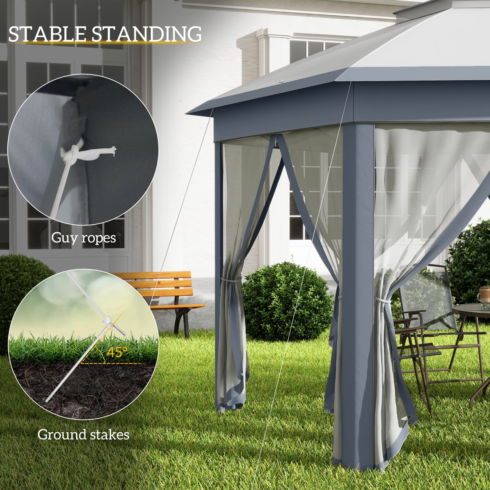 Outsunny Pop Up Hexagon Patio Gazebo 13x13ft Double Roof Outdoor Instant Shelter Garden with Netting Grey 