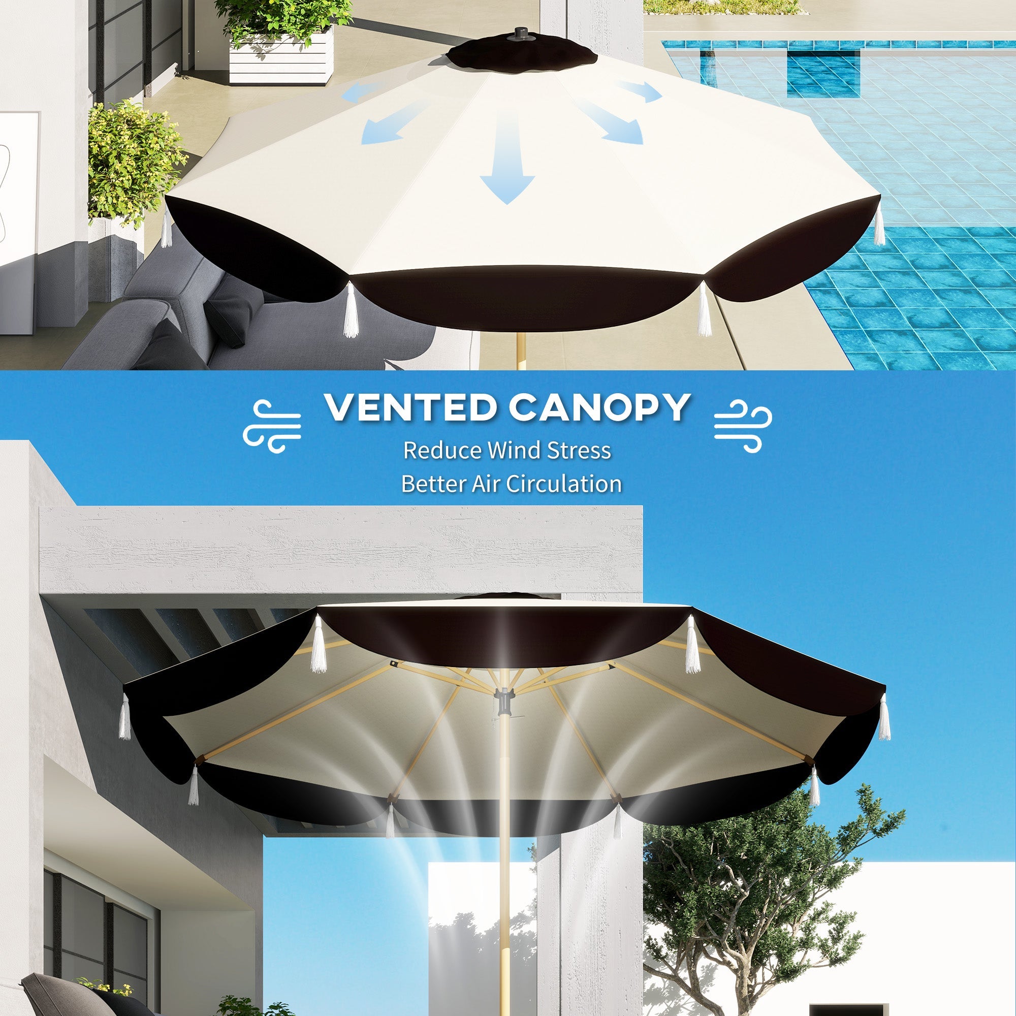 Outsunny 9FT Patio Umbrella Parasol, UPF 50+ Outdoor Market Umbrella with 8 Ribs, Vented Patio Table Umbrella for Deck, Backyard and Lawn, Beige 