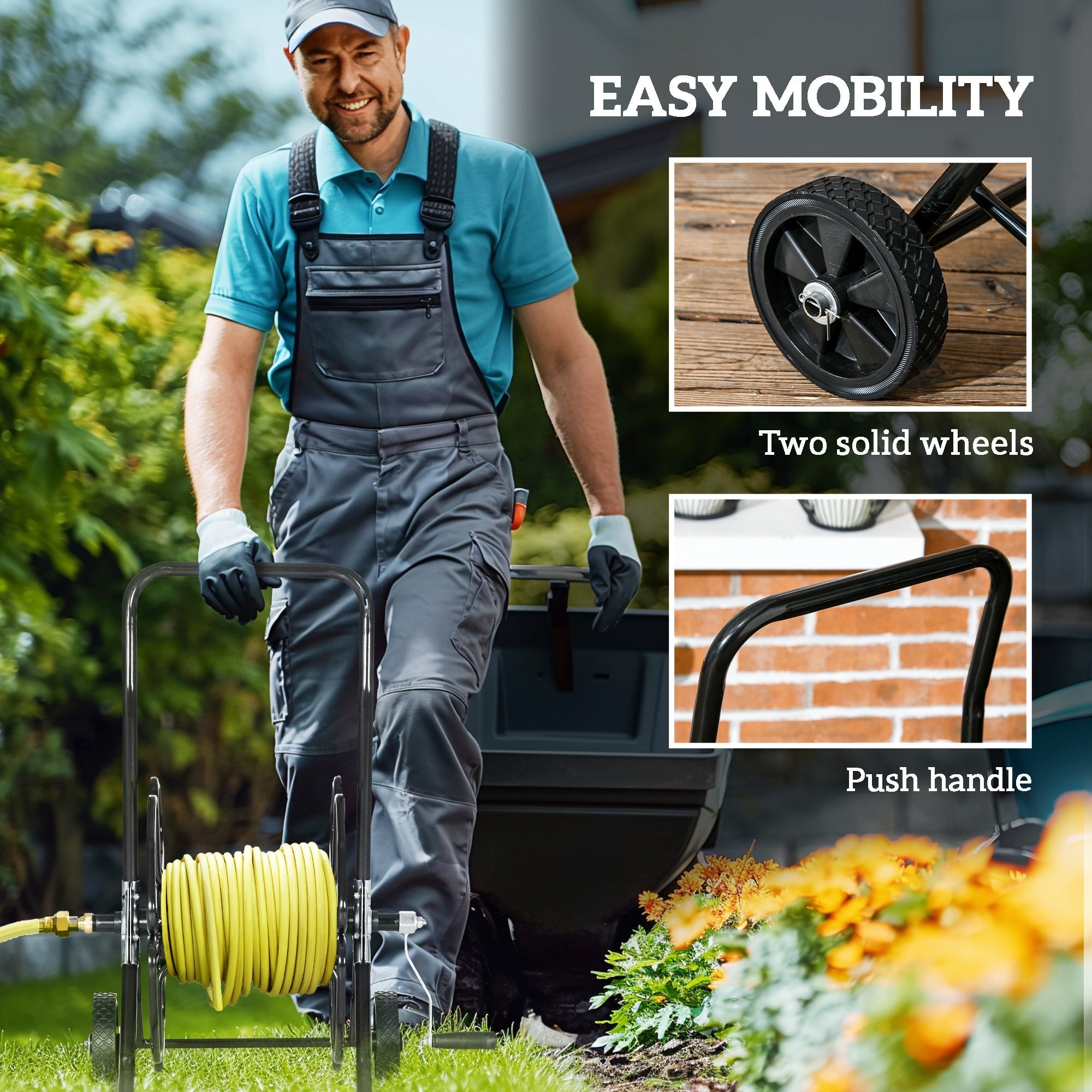 Outsunny 98 ft of 5/8" Hose Reel Cart (Hose Not Included), Garden Water Hose Carts with Wheels for Yard, Lawn, Black 