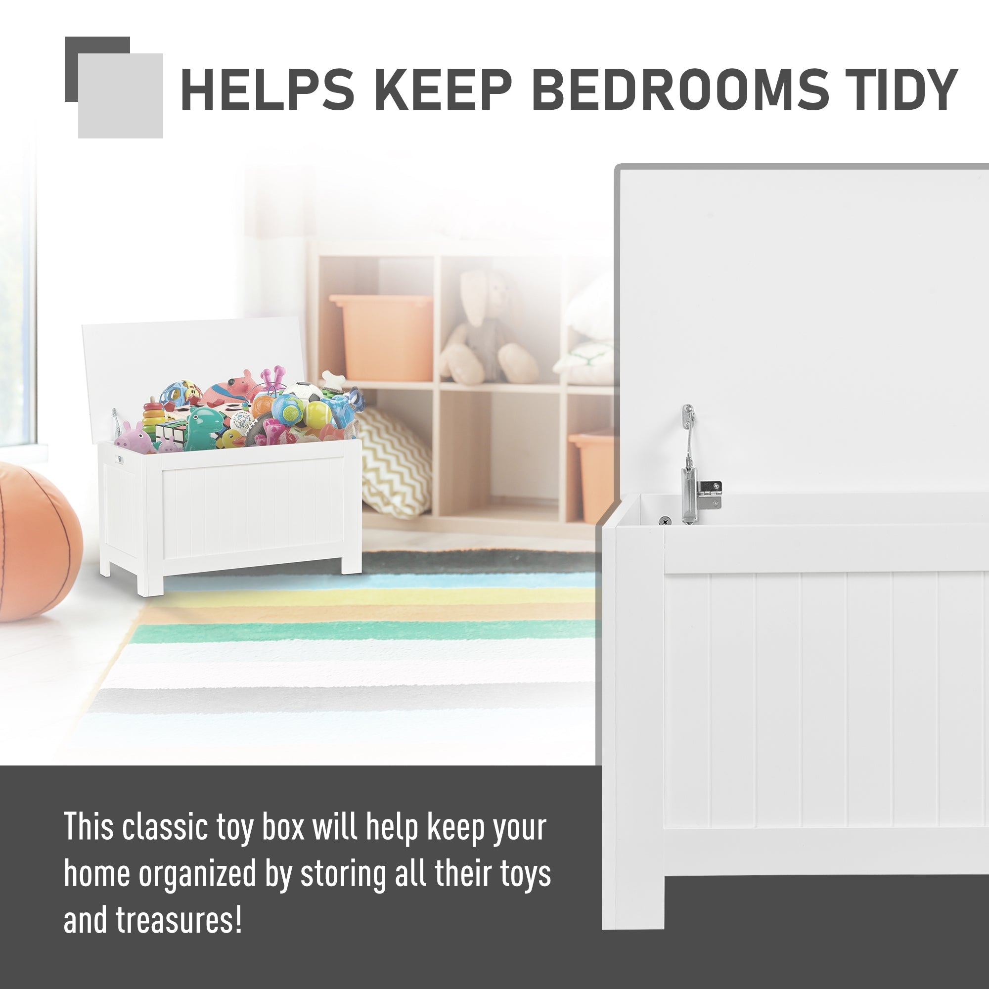 HOMCOM Toy Treasure Chest: Large Storage Box Cabinet with Lid, 2 Safety Hinges, Ideal for Kids' Room Organization, White Finish 