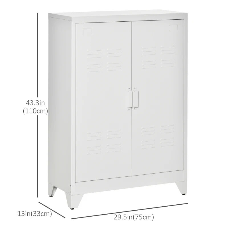 Metal Storage Cabinet, Industrial Sideboard Buffet Cabinet with 2 Louvered Doors, Adjustable Shelves, White