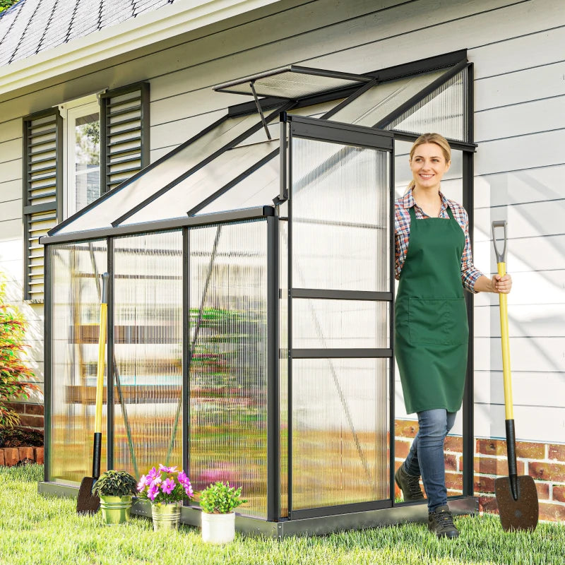 Aluminum Lean-to Greenhouse Polycarbonate Walk-in Greenhouse with Rain Gutter and Sliding Door, 6' x 4', Dark Grey
