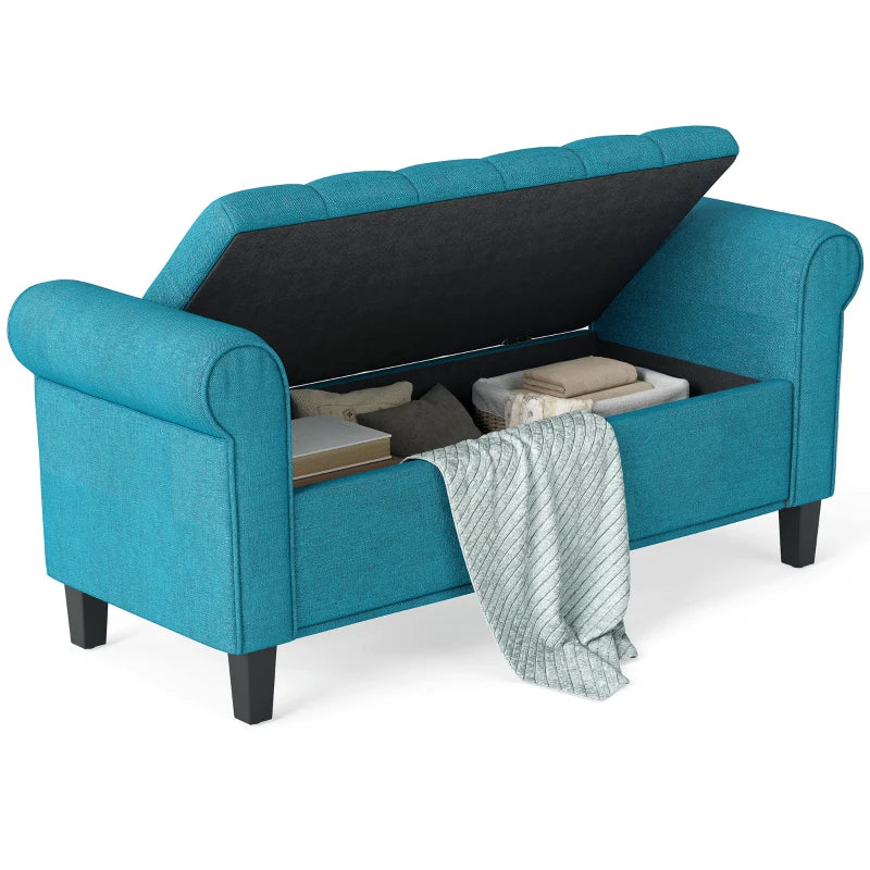 50 Inches Storage Ottoman, Upholstered Bedroom Bench with Rolled Arms and Button Tufted Storage, Teal