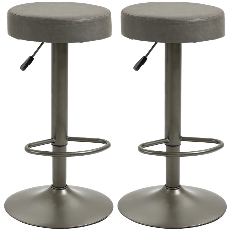 Modern Adjustable Bar Stools Set of 2, Swivel Barstool with Footrest, PU Leather Round Top for Kitchen, Dark Grey