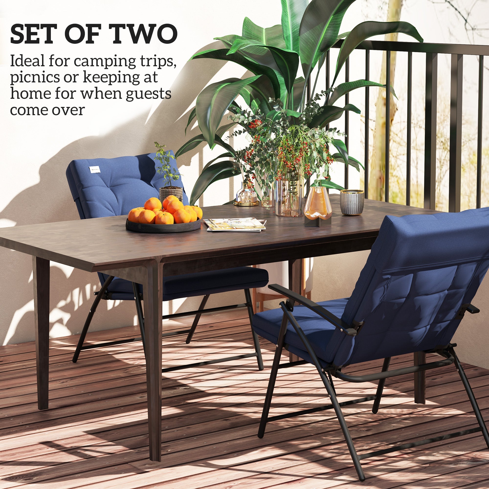 Outsunny Set of 2 Outdoor Folding Chairs with Adjustable Backrest, Padded Camping Chairs for Outdoor Events, Blue 