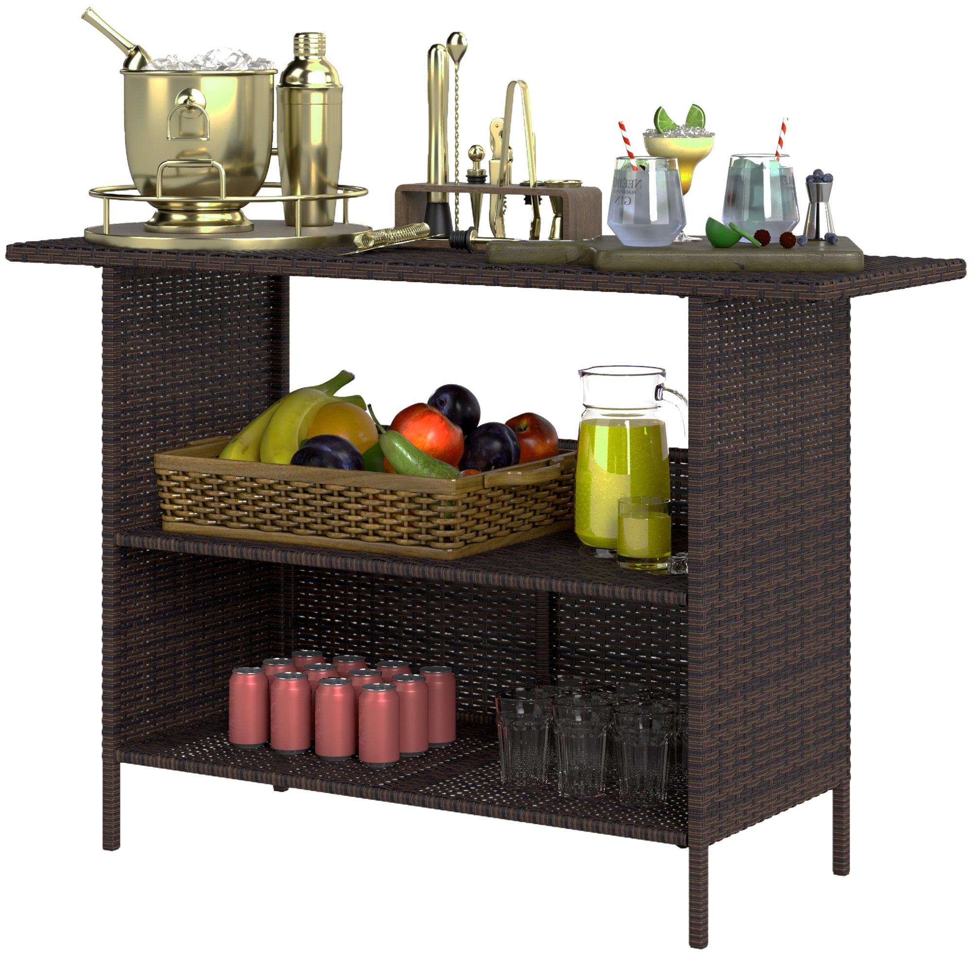 Outsunny Wicker Outdoor Bar Table, PE Rattan Bar Height Patio Table with 2 Shelves, Steel Frame for Garden, Backyard, Dark Brown 