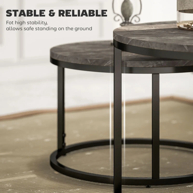 Modern Coffee Table Set of 2, Nesting Side Tables w/ Metal Base for Living Room Bedroom Office Faux Marbled Grey
