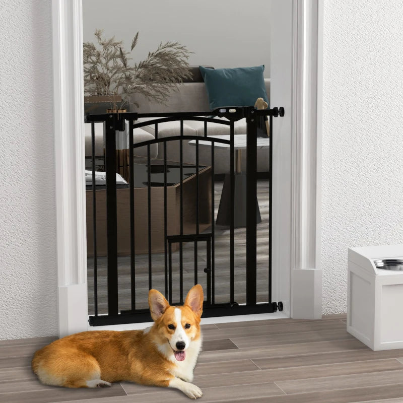 Auto-Close Pet Gate, Stair Gate with Cat Door, Double Locking for Doorways Hallways Stairs, Fits 29"-31.5" Wide, Black