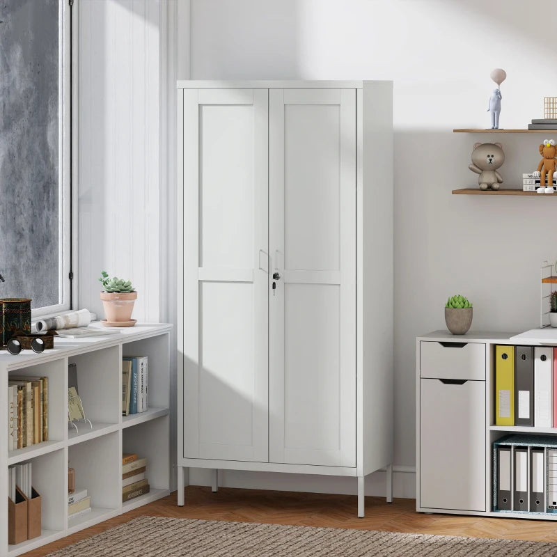 Office Storage Cabinet, Lockable Filing Cabinet with 3 Adjustable Shelves and 2 Doors for Home Office, Garage, White