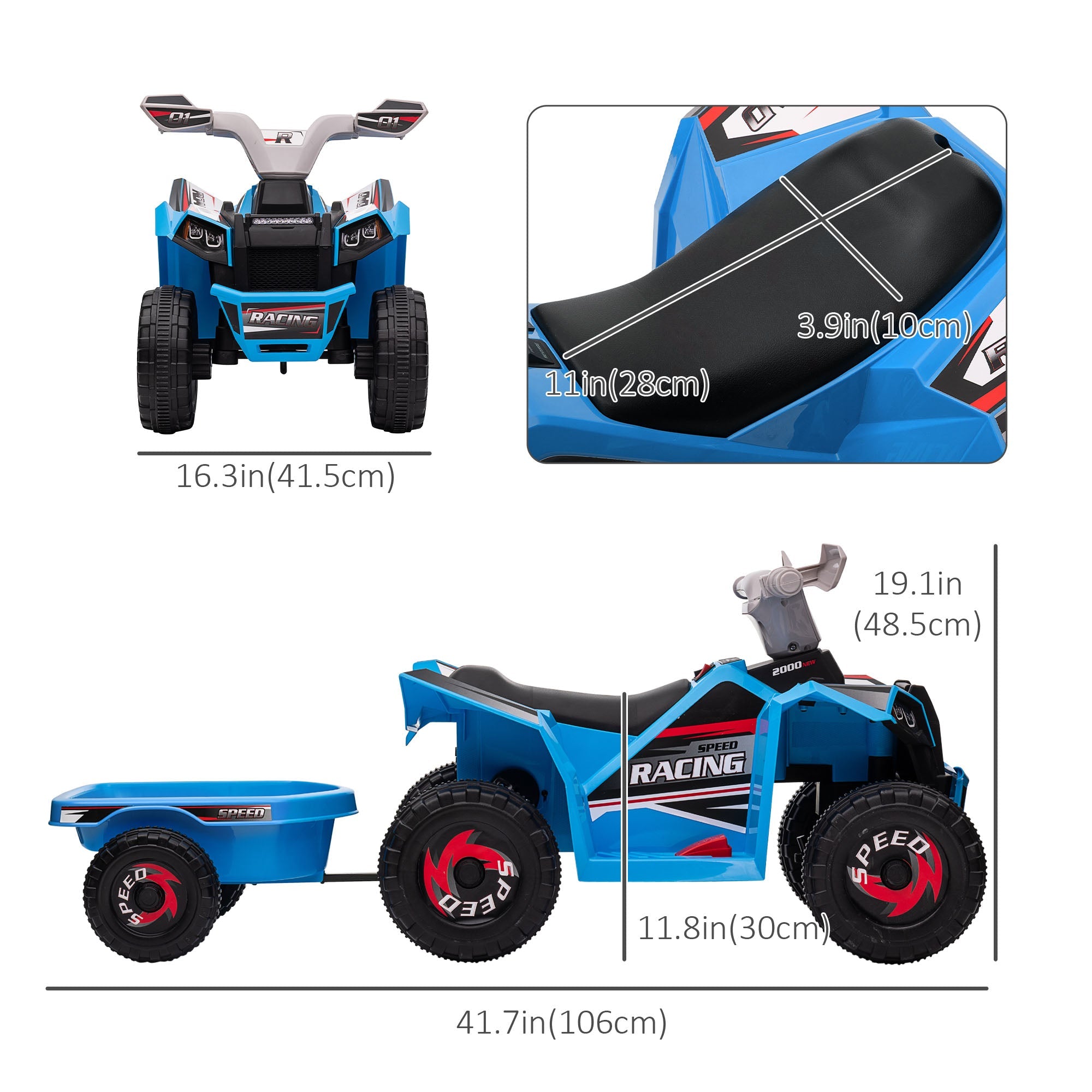 Aosom 6V Kids ATV Quad Battery Powered Electric Vehicle Back Trailer Wear-resistant Wheels Boys Girls Blue Toy 