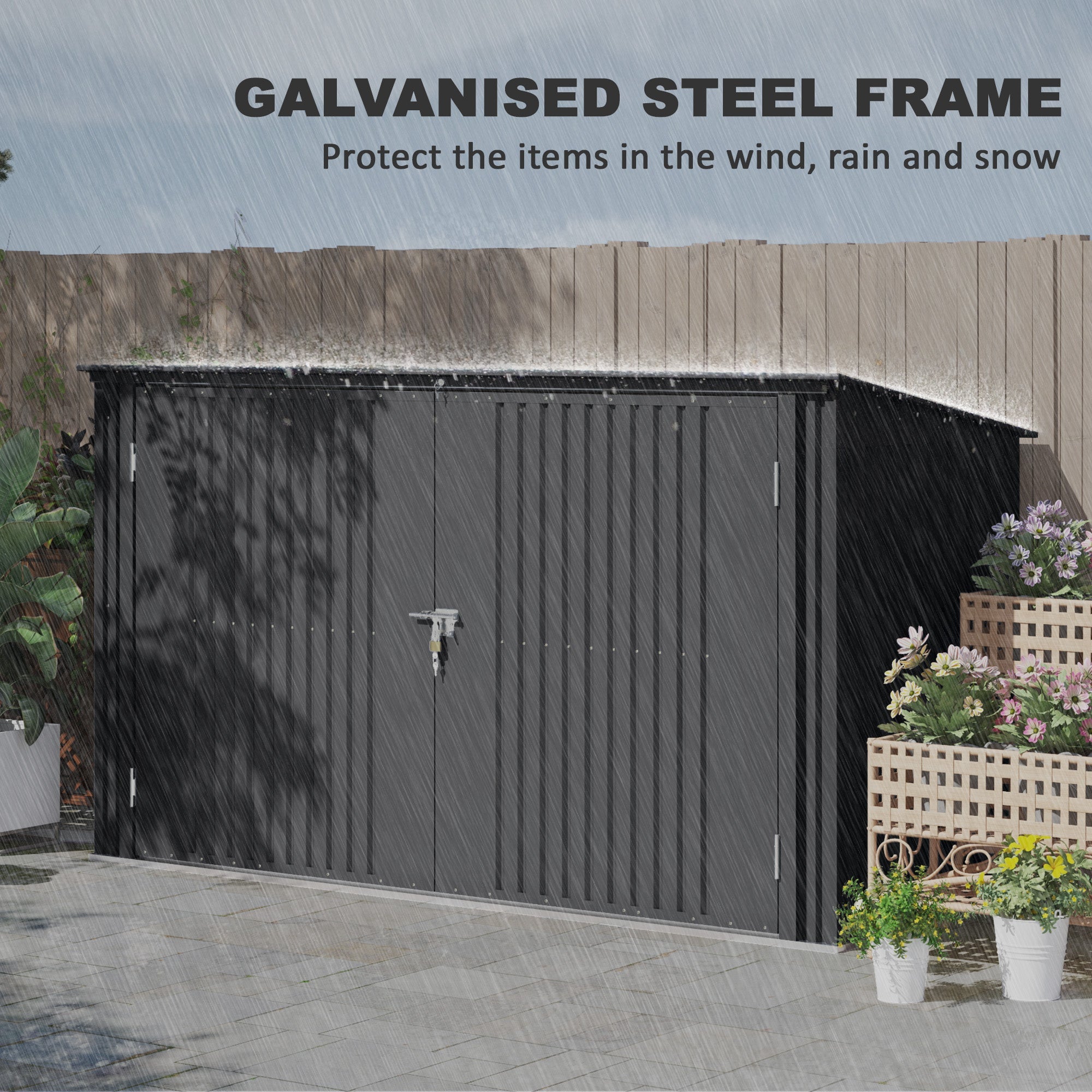Outsunny 7.6 x 3.4ft Outdoor Storage Shed, Triple Garbage Bin Shed Organizer with Lockable Double Doors and Openable Lid 
