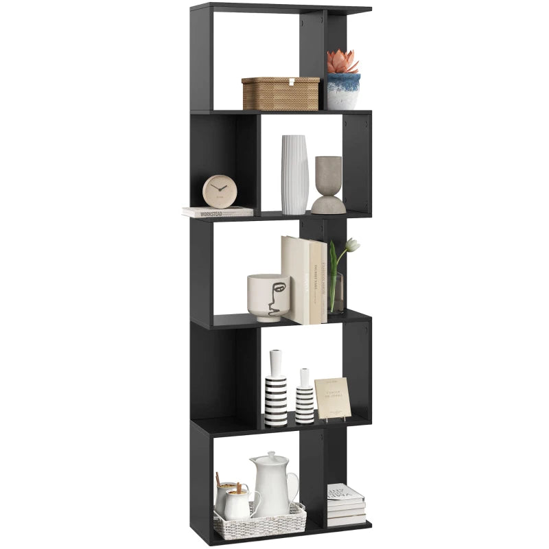 5-Tier Geometric Bookshelf, S Shaped Bookcase, Modern Freestanding Display Shelf Unit for Home Office, Black