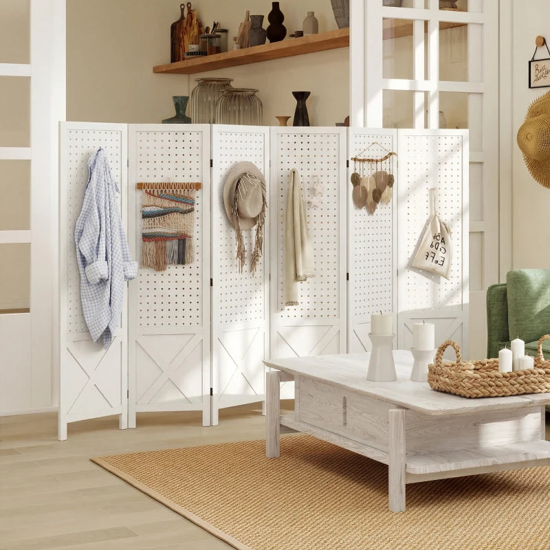 56.9" 6 Panel Wooden Room Divider with Pegboard Display, Folding Privacy Screen for Home Office, White