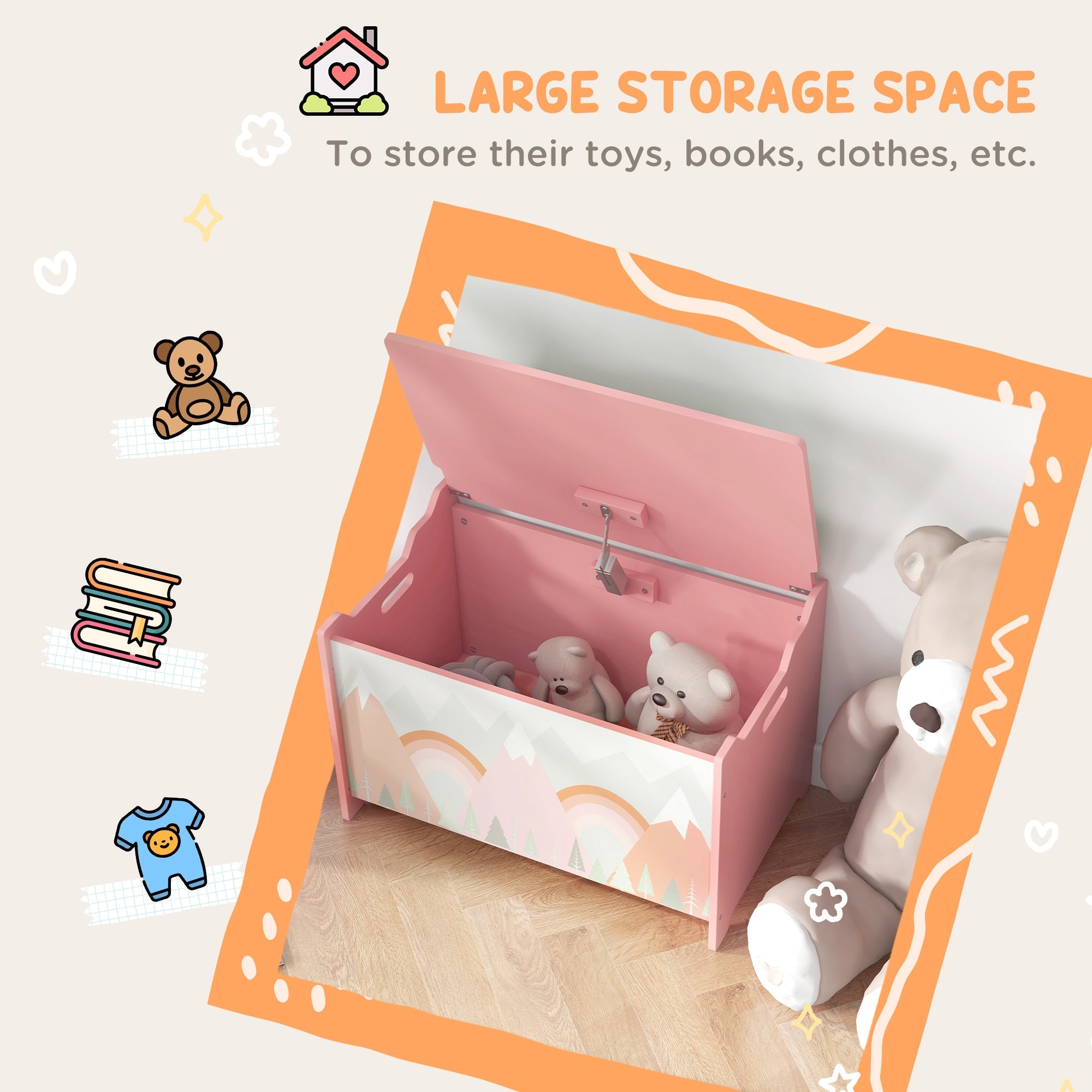Qaba Kids Toy Box Chest with Safety Lid Organizer for Bedroom Playroom Storage Solution Pink 