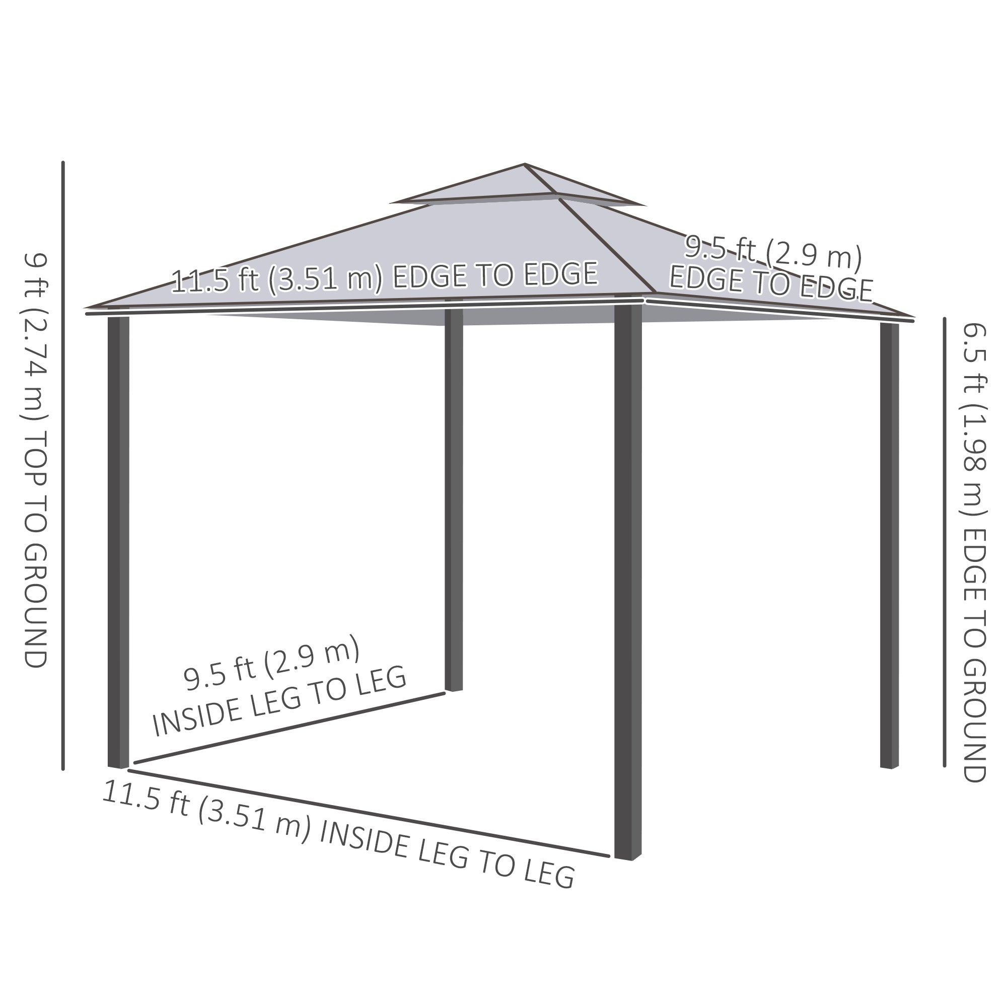 Outsunny 11.65' x 10' Patio Gazebo Outdoor Pavilion 2 Tire Roof Canopy Shelter Garden, Steel Frame w/ Mosquito Netting, Taupe 