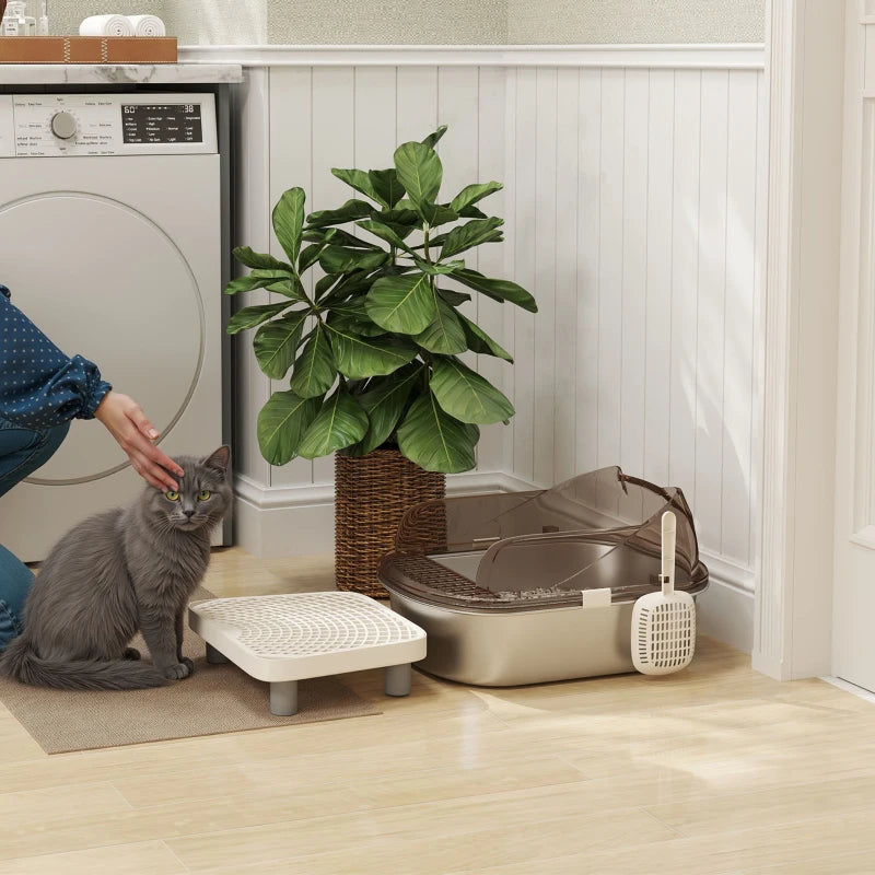 Stainless Steel Cat Litter Box with High Sided Enclosure, Step, Scoop, Non-Sticky & Anti-Urine Leakage, Easy Cleaning