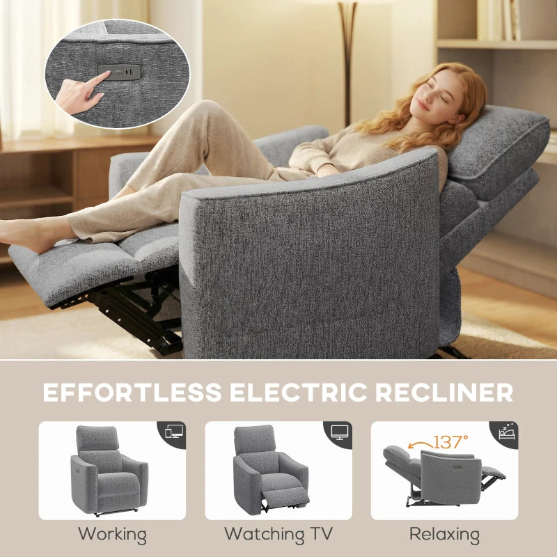 Power Recliner Chair, Linen-look Fabric Upholstered Recliner Chair with USB Ports, Footrest, Dark Grey