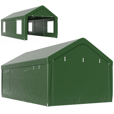 Outsunny 12 x 20ft Carport with 2 Roll-Up Doors, 4 Windows, Portable Garage with Removable Sidewalls for Car, Truck, Dark Green 
