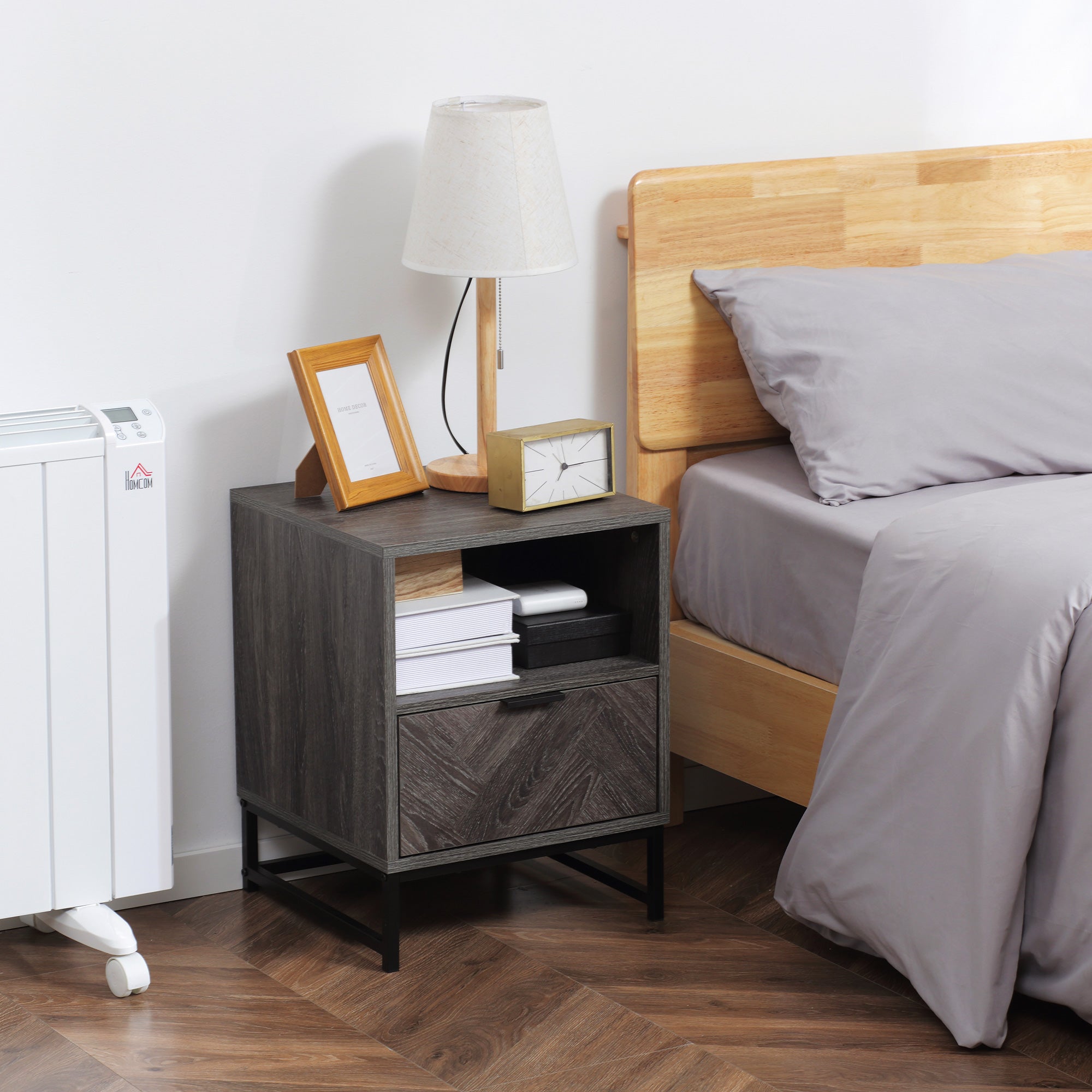HOMCOM Chic Simplicity: Bedside Table with Drawer Open Shelf, Sofa Side Table for Bedroom Living Room, Dark Grey Finish 