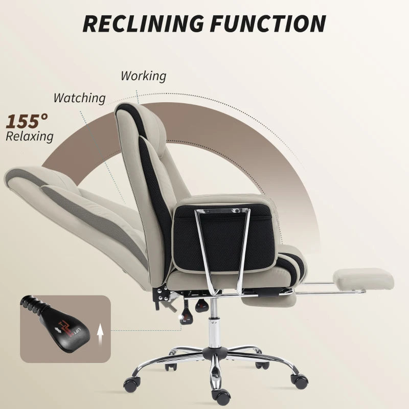 Reclining Office Chair, Overstuffed Executive Desk Chair with High Back, PU Leather, Footrest, Swivel Wheels, Grey